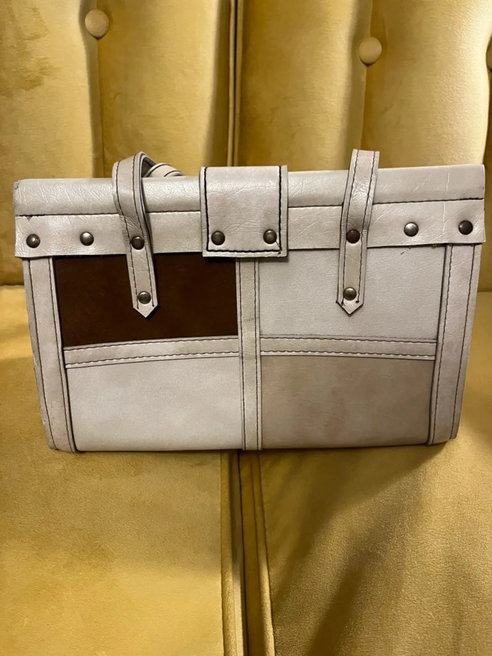 Vintage Spilene Structured Two-Tone Cream and Brown Women's Satchel